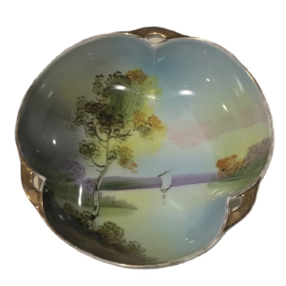 Vintage Noritake Morimura Hand Painted Tri-Fold Bowl ~ Lake Scene with Sailboat